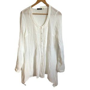 Fylo London White Blouse M Long Tab Sleeves Pleated Buttoned Front